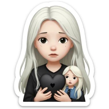 A girl with long white hair is sad and holds a black heart in her hands sticker