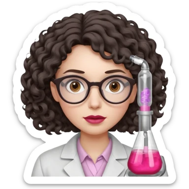 A crazy female scientist, with curly-wavy dark brown medium lenght hair, brown eyes and light grey glasses and pale skin and pinkish lips, dressed to look like an english teacher but in neutral tones like grey black white, maybe with the pop of dark red, with no girly colors,  sticker