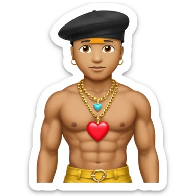 LL Cool J with shirtless with necklace with red heart, metallic yellow pants, black hat sticker