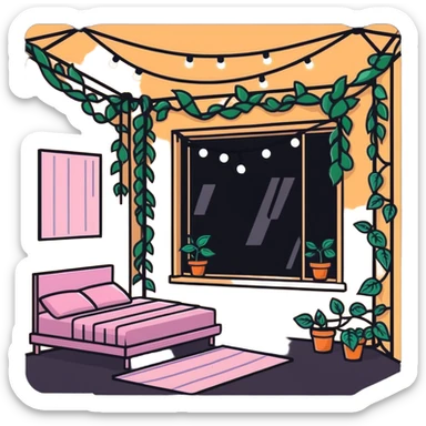 aesthetic room with climbing vines and string fairy lights creating a magical glow sticker