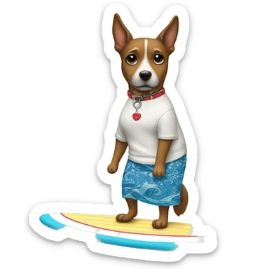 Dog in a skirt on a surf board￼￼ sticker