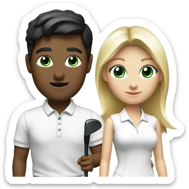 Blond white men green eye wearing white golf outfit, and black hair white woman with brown eye woman wearing black golf outfit playing golf. sticker