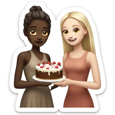 Brown skin girl giving cake to White skin girl sticker