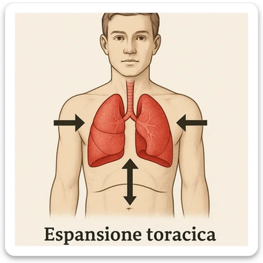 front view with highlighted lungs, lowered diaphragm, arrows showing thoracic expansion, caption in Italian sticker