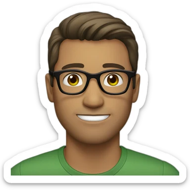 man, green eyes, brown straight hair, black glasses sticker
