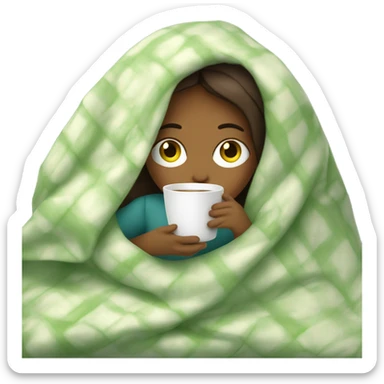 girl inside a blanket sipping coffee, cucumber slices on eyes sticker