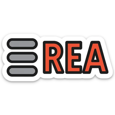 Update the symbol to have four grey horizontal lines of different lengths: the first line is the third longest, the second line is the second longest (slightly longer than the first), the third line is the shortest (slightly shorter than the first), and the fourth line is the longest (slightly longer than the second). The text 'REA' should be in bold, red-orange capital letters, not yellow or pale orange. Keep the style clean and modern, with no background. sticker