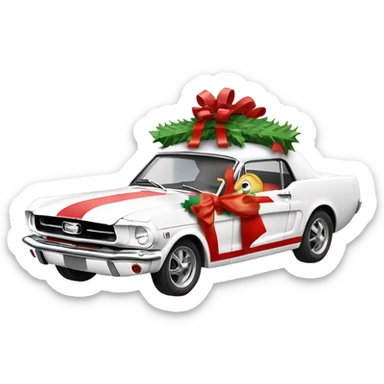 Create a merry Christmas’s messages with a white mustang car from the 1960s with Santa in the drivers seat waving out the window sticker
