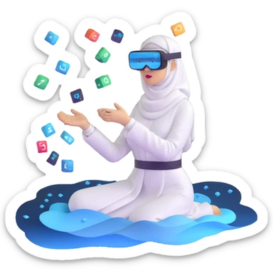 computer engineer with white hijab wearing AR glasses or VR headset, immersed in augmented reality, surrounded by floating metaverse elements, digital codes, virtual machines, tech graphics sticker