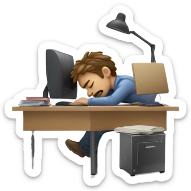 a tired man sleeping on the desk while the computer is open and you can see a warning sign on the screen sticker