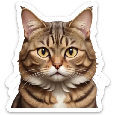 Cinematic Meme-Worthy Grumpy Brown Tabby Cat Portrait Emoji, Head held high but eyes filled with dramatic disappointment, fluffy brown fur with striking tabby markings, signature M-shaped forehead furrowed into an unmistakable scowl, large ears slightly angled back in disapproval, piercing golden-green eyes glaring with pure exasperation, Simplified yet hilariously over-exaggerated features, highly detailed, glowing with an aura of supreme annoyance, high shine, exhausted yet judgmental, stylized with an almost regal pettiness, bright but brooding, soft glowing outline, capturing the essence of a feline that has seen it all and is thoroughly unimpressed, so meme-worthy it feels like it could instantly become the next viral sensation of grumpiness! sticker