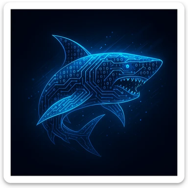 a data shark with a body made of binary code and circuit lines, dynamic pose, futuristic and tech-inspired sticker