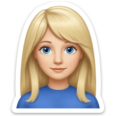 40 yr old white woman, curtain bangs, very long straight blond hair, oval face, small smile, blue eyes, thin oval face, hair down to elbows sticker
