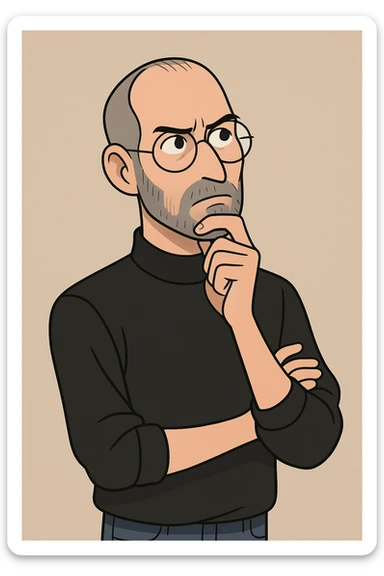 Steve Jobs in thinking pose with hand on chin, creative genius vibe, modern illustration style sticker