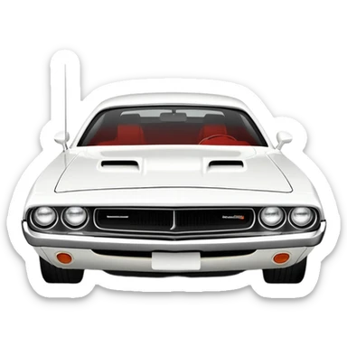 Iconic white 1971 Dodge Challenger from Death Proof, consistent 30-degree perspective with detailed front end and hood, maintaining authentic proportions, all-white color scheme, iOS emoji style sticker