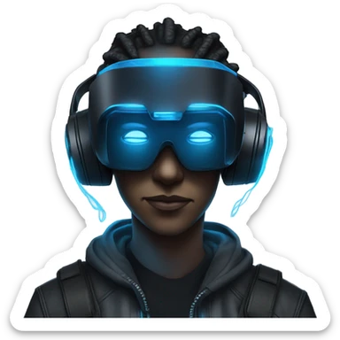 cyberpunk hacker wearing black vr headset, with blue neon lights sticker