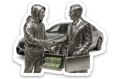 Add natural skin colors to the white man and the Chinese man, keep the chrome hoodie, and add green color to the dollar bills in the briefcase. Keep the AMG car as is. Transparent background. sticker