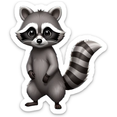 Cinematic-Raccoon-Realistic-Full-Body-Standingon all fours-Emoji – Tail flicking lazily, head tilted dramatically, thick grey fur with a signature black mask, sharp and alert ears, simplified yet realistic focused features, highly detailed, glowing with an almost sarcastic glow. sticker