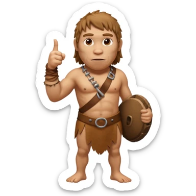 A full-bodied Neanderthal, dressed in a loincloth, points his thumb to the right
 sticker