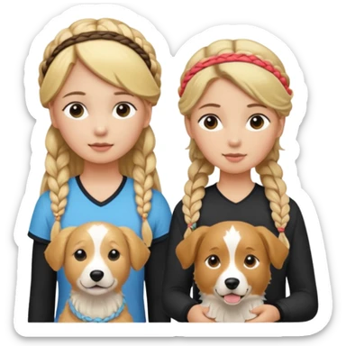 a group of 5 girls two blonde hair tied down one with a golden retriever next to her 1 blonde hair and in a braid  and one brown hair with a head band and 1 blonde hair in a small braid with a border collie next to her sticker
