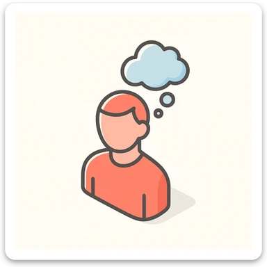 silhouette of a person with a thought cloud above the head, symbol of reflection and self-reflection, 2D isometric style, simple shape, clear shadows and highlights sticker