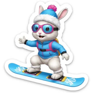 A bunny on a snowboard in blue wearing ski goggles and making party sticker