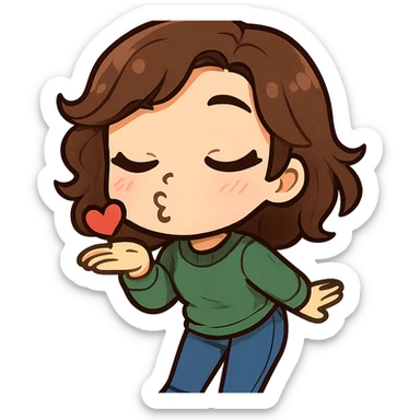 chibi emote of a woman in a green jumper and jeans, blowing a kiss, no headband, no sparkles, no wand, transparent background sticker