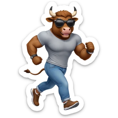 friendly anthropomorphised bull in jeans and a t-shirt, wearing dark sunglasses, jogging upright sticker