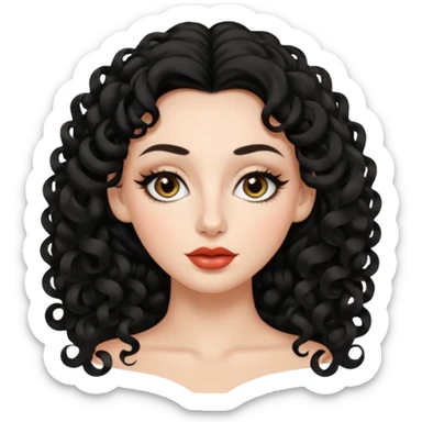 persona mujer con piel clara y rizos suaves color negro y largos  y sin volumen y con delineador en los ojos y con los labios medianos, ojos almendrados y nariz respringada sticker