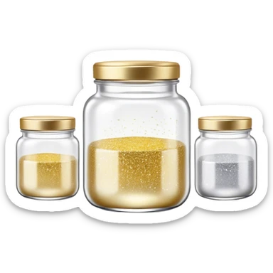 Cinematic Realistic Glitter Jars, elegant glass containers filled with ultra-fine shimmering gold and silver dust, light catching the tiny specks in a mesmerizing glow, slightly open lids revealing the rich, sparkling texture inside, set against a softly blurred background, radiating a sense of enchantment and wonder. sticker