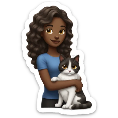 long wavy haired brown skin woman holding black and white cat sticker