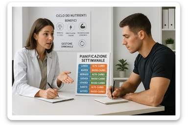 professional scene with a nutritionist explaining to an athlete how to cycle macronutrients for weight loss and training. On the desk, a vertical weekly planner with alternating high-carb and low-carb days, color-coded sections for proteins, fats, and carbohydrates, all text in Italian written vertically. The athlete is taking notes. In the background, a chart illustrating the benefits of nutrient cycling. Educational and professional atmosphere. sticker
