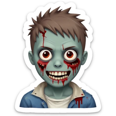 zombie boy with brown short spiky hair, white skin, and white eyes; an open smile, and bloodied teeth; sticker