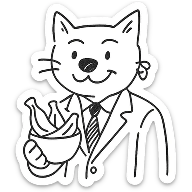 cat with a dog nose, wearing a suit, earring, holding a cup of bananas, playful expression sticker