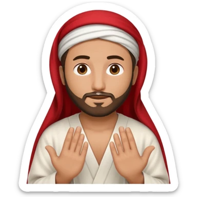detailed iPhone-style emoji of a Saudi man with round cartoon face, short beard, gentle brown eyes, wearing white thobe and red-and-white shemagh with black agal, both hands gently shown sticker