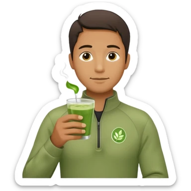 Guy chilling with a quarter zip and matcha tra sticker