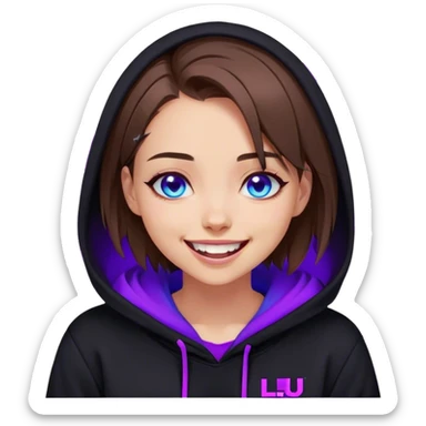 brown haired girl with a bob and blue eyes wearing black hoody with violet letters "Lu", laughs. Cyberpunk style. Violet neon. sticker