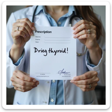 close-up of woman's hands holding a medical prescription with 'Dried pig thyroid' written, doctor's stamp and signature visible, neutral background, hyperrealistic 4K sticker