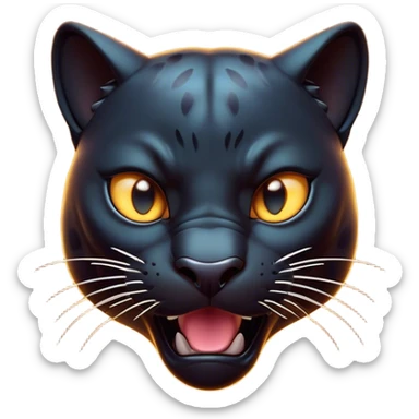 Cinematic Comical Panther Portrait Emoji, Head tilted dramatically with an exaggeratedly shocked expression, featuring a sleek, muscular body with wide, comically expressive eyes full of humorous disbelief, Simplified yet hilariously expressive features, highly detailed, glowing with a slightly sassy dark glow, high shine, dramatic yet playful, stylized with an air of quirky feline attitude, soft glowing outline, capturing the essence of a meme-worthy panther that looks ready to side-eye its way into viral fame! sticker