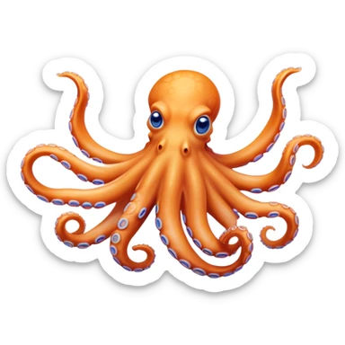Cinematic Comical smirking Octopus Portrait Emoji, Head tilted dramatically with an exaggeratedly amused expression, featuring a rotund, light orange body festooned with bold blue rings and eight wildly expressive arms with comically animated suckers, Simplified yet hilariously expressive features, highly detailed, glowing with a slightly sassy underwater glow, high shine, dramatic yet playful, stylized with an air of quirky marine mischief, soft glowing outline, capturing the essence of a meme-worthy octopus that looks ready to squirt its way into viral fame! sticker