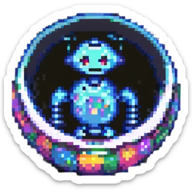 robot in a glass bowl, pixel art style sticker