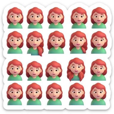 A set of emojis for a Telegram channel called 'Рыжая Начинка' featuring a red-haired girl with various expressions and activities, in the style of 3D emojis. sticker