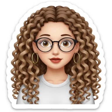 cute whilte girl with not volominous VERY LONG curly hair with balayage, brown eyes, full lips, natural clean girl makeup and hoop earrings and glasses sticker