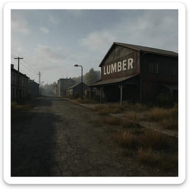 a view of the city street in a videogame: DayZ - in the town of berezio "lumber" [no text contained in the image] sticker