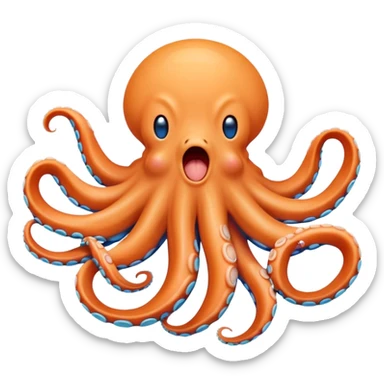 Cinematic Cute Yawning Octopus Portrait Emoji, Head tilted slightly with a dramatic, wide-open yawn, showcasing a plump, light orange body decorated with delicate blue rings and loosely draped arms with sleepy, half-closed eyes, Simplified yet irresistibly adorable features, highly detailed, glowing with a soft, cozy underwater glow, high shine, relaxed yet expressive, stylized with a hint of whimsical aquatic charm, soft glowing outline, capturing the essence of a drowsy yet affectionate octopus that appears ready to stretch and yawn its way out of the screen! sticker
