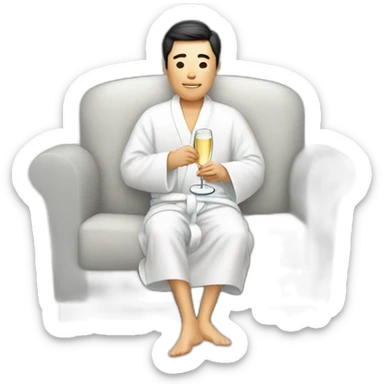 A Korean man in a bathrobe on the sofa with a glass of champagne sticker