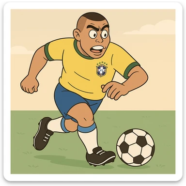 cartoon illustration of Ronaldo Fenômeno, dribbling a soccer ball, wearing Brazil kit sticker