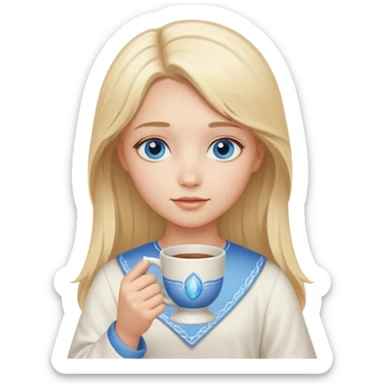 angelic blonde girl with middle length hair and blue eyes holds a cup sticker