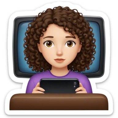 A girl, brunette with curly hair down to her shoulders, watching TV.  sticker