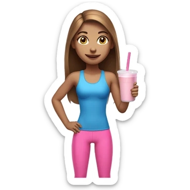 a girl with brown long straightened hair and blue eyes with pink leggings and pink sports top with a protein shake in her hand sticker